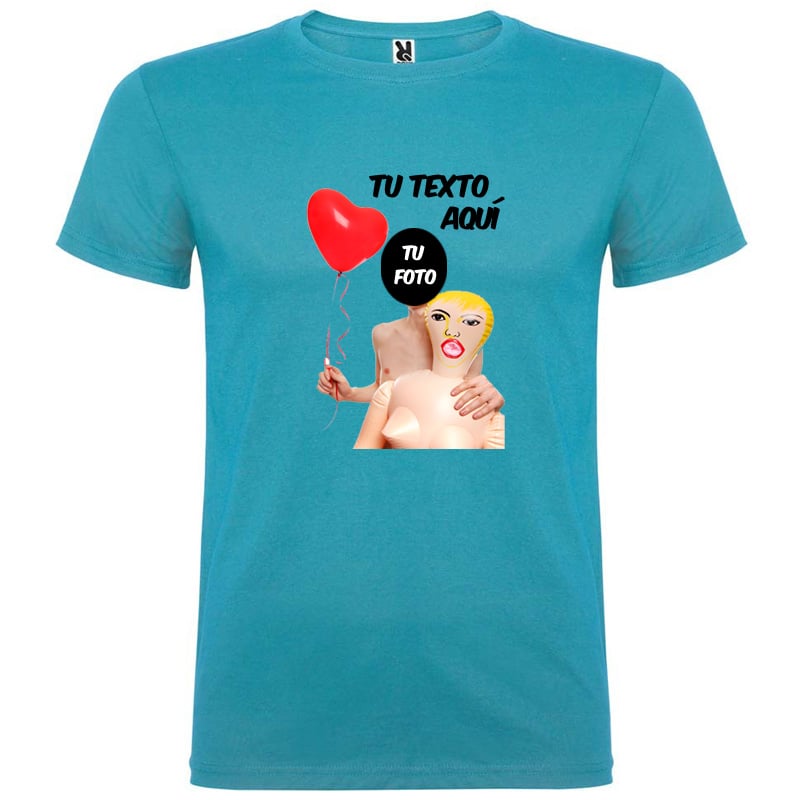 Camiseta azul turquesa de algodón con diseño personalizado de persona con globo rojo y muñeca hinchable.