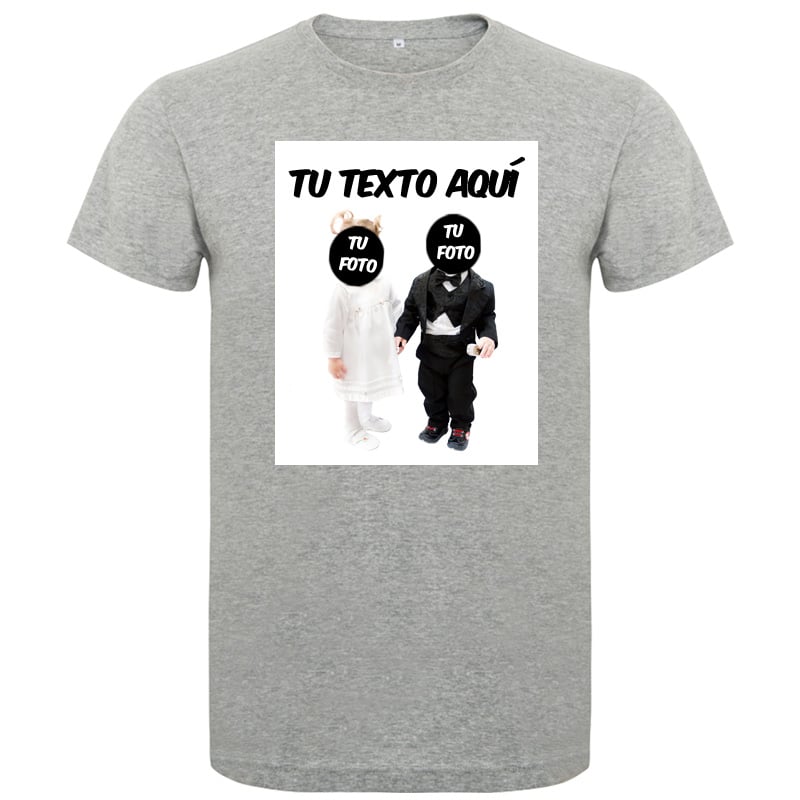 Camiseta gris de algodón con diseño personalizable de dos niños vestidos de comunión.