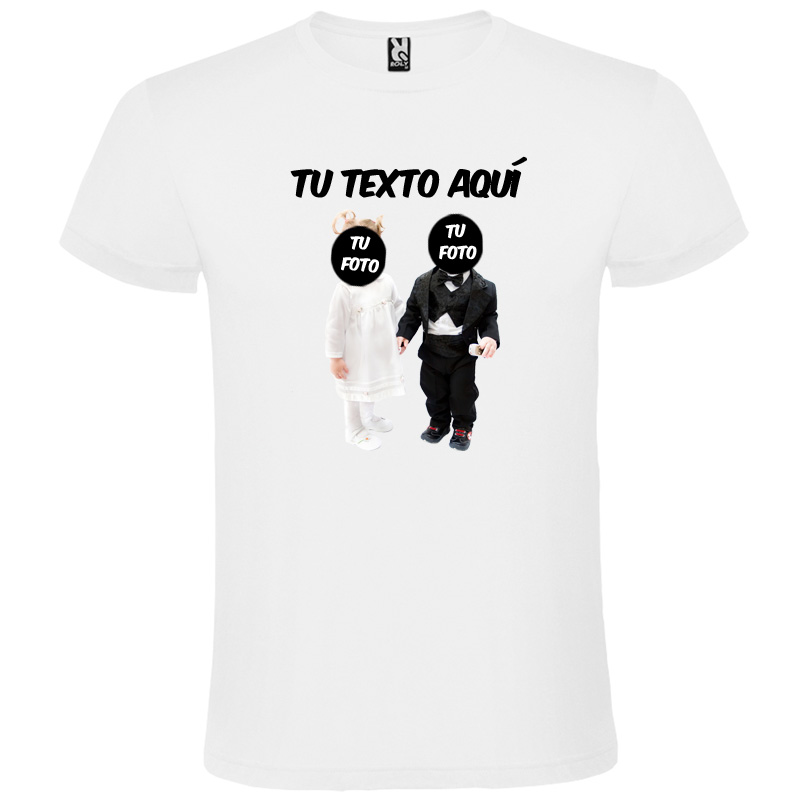 Camiseta blanca personalizada con texto y fotos de dos niños vestidos de comunión.