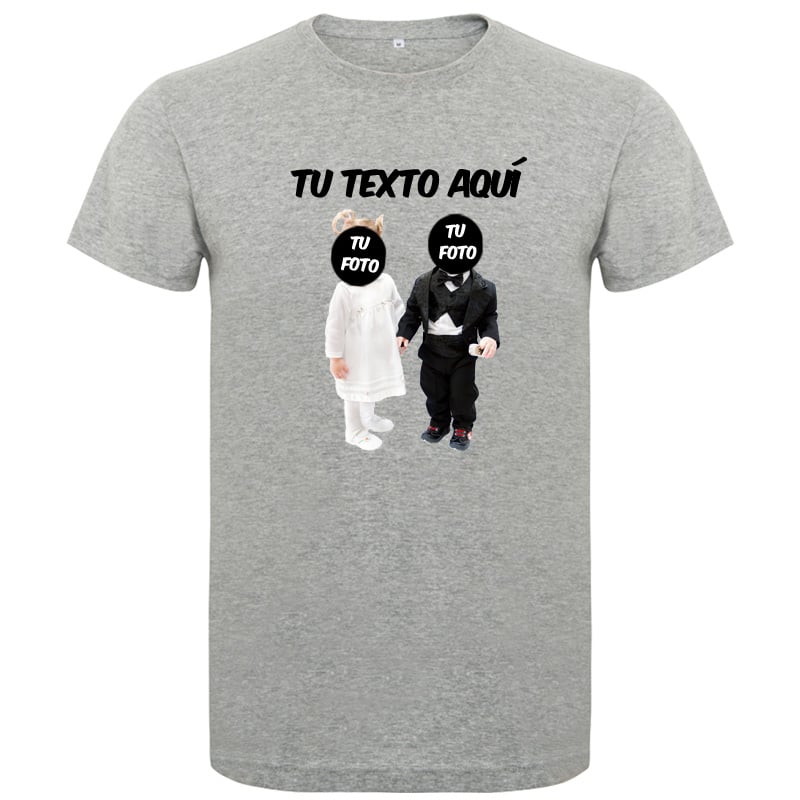 Camiseta gris con diseño personalizable de dos niños vestidos de comunión y texto editable.