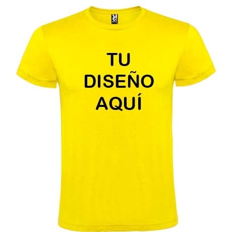 Camiseta amarilla de algodón con texto negro "TU DISEÑO AQUÍ" en el centro.