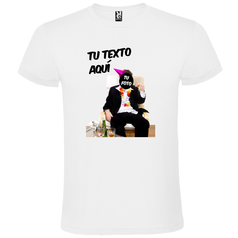 Camiseta blanca personalizada con foto y texto negro para celebraciones.