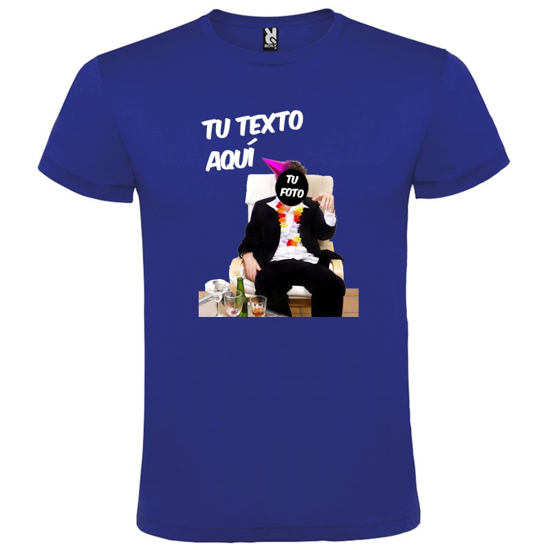 Camiseta azul de algodón Roly con diseño personalizable de texto y foto para celebraciones.
