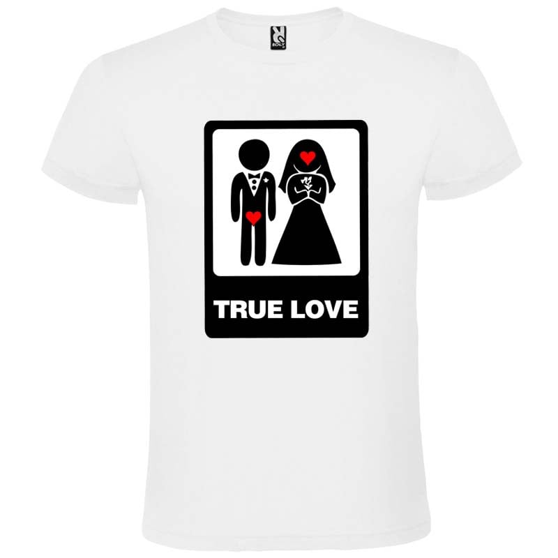 Camiseta blanca de algodón con diseño en negro y rojo de pareja de novios y texto "True Love".