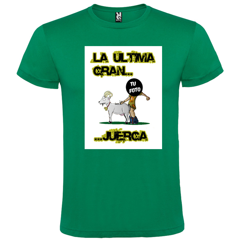 Camiseta verde de algodón con diseño humorístico y texto "La última gran juerg?".