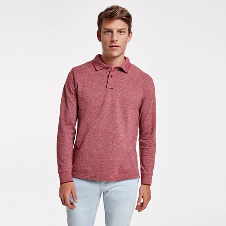 Polo de manga larga rojo jaspeado de algodón para hombre.