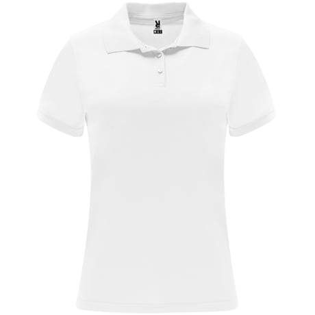 Polo blanco de manga corta para mujer con cuello y tres botones.