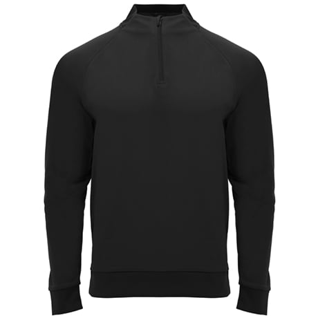 Sudadera negra de manga larga con cremallera corta y cuello alto.