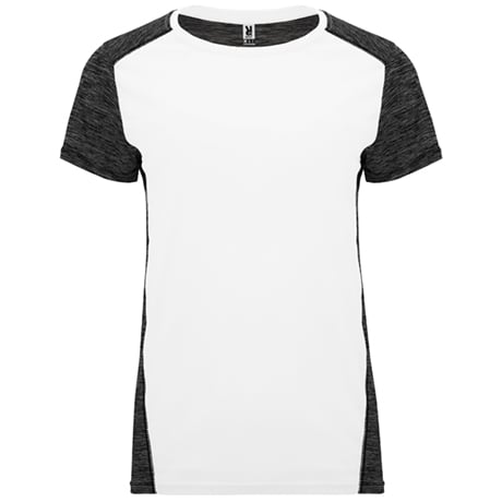 Camiseta técnica blanca con mangas y laterales en gris oscuro para deporte.