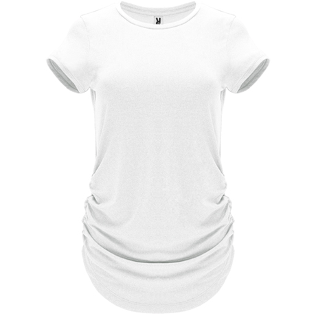 Camiseta blanca de manga corta con fruncidos laterales para mujer.