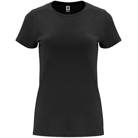 Camiseta negra de manga corta para mujer con cuello redondo.