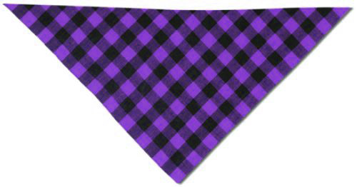 Pañuelo triangular de tela con estampado de cuadros negros y morados.